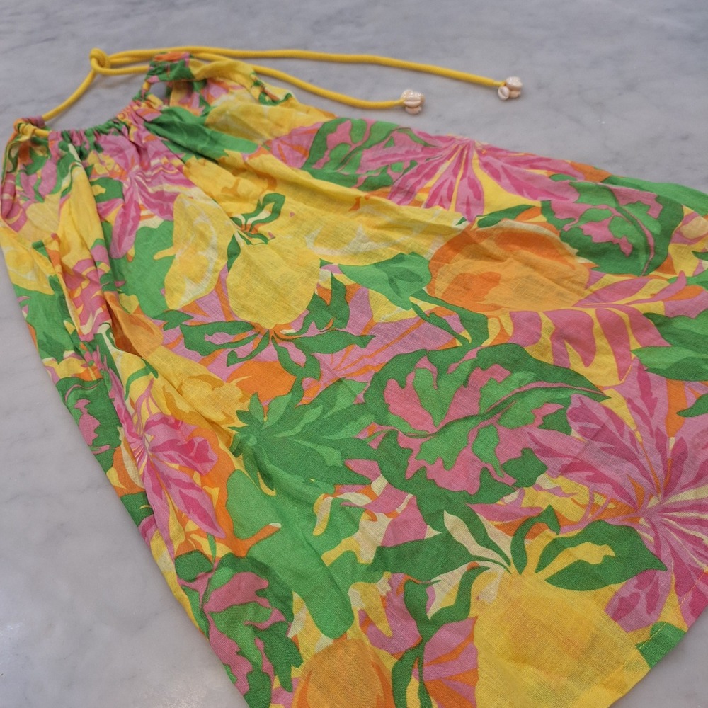 C&C California Halter Dress Womens Medium Yellow Tropical Linen Blend Mini Beach